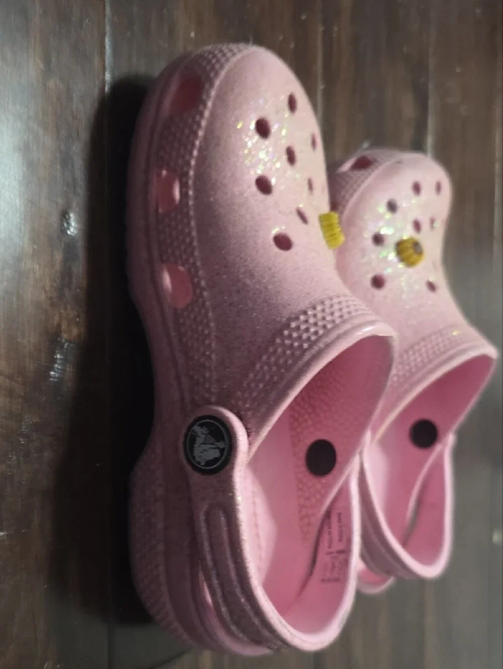 CROCS Pink Glitter Kids Clogs with Yellow Daisy Charm